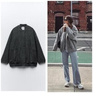 Zara Oversized Wool Blend Bomber Jacket Size Small Dark Gray 8372/313 Chic